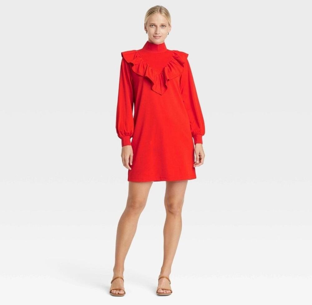 Who What Wear Red Long Sleeve Ruffled Mock Neck Sweater Dress Size L